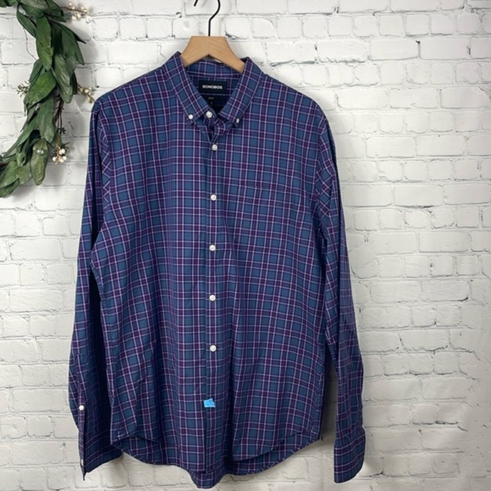Bonobos Slim Fit Plaid Button Down Shirt Mens XL Blue Pink Stretch
